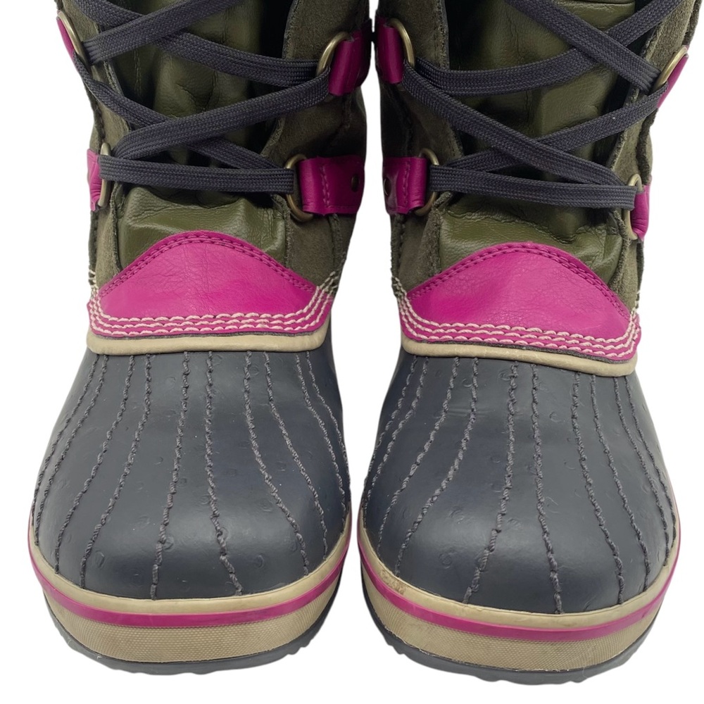 Sorel Girls Winter Boots Size 6 Green Pink Leather Waterproof Faux Fur Tall - Picture 7 of 14